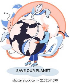 Salvemos nuestra metáfora ecológica del planeta Día de la Tierra, amor por el hogar nativo. Energía renovable de jardinería sostenible. El cuidado de la naturaleza para proteger el medio ambiente frena la contaminación del aire y el agua, el consumo racional