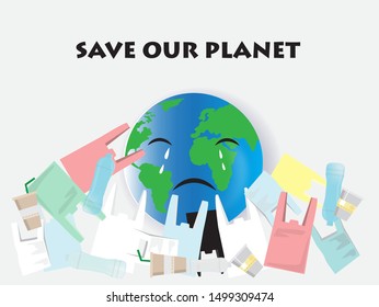 Save our planet from garbage plastic,our planet crying,vector illustration.