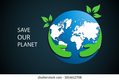 Save our planet illustration in paper cut art style with globe and plant decoration, eco green environment, go green campaign, earth day banner easy to edit eps 10. 