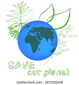 Salvemos nuestro planeta. Imagen de nuestro planeta con plantas en el fondo. Globos, pelotas, océanos y continentes.