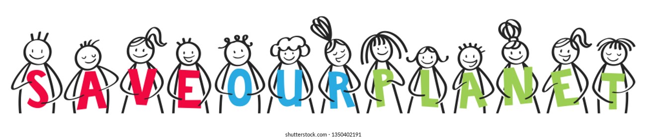 SAVE OUR PLANET stick people holding colorful letters against climate change horizontal banner isolated on white background