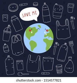 Save our Planet - vector conceptual illustration. Hand drawn Earth character with Plastic bags, bottles and other trash. Ecological background. 