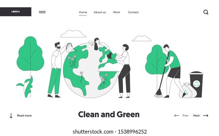 Save Our Planet Website Landing Page. People Prepare for Day of Earth Care of Plants, Sweeping Ground, Clean Trash to Recycling Litter Bins Web Page Banner. Cartoon Flat Vector Illustration, Line Art