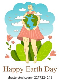 Save our planet. World Environment day or Earth day concept. Vector illustration with nature woman holding our planet. Art for poster, banner, website, placecard, flyer.