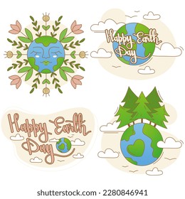 Save our planet. World Environment day or Earth day concept. Vector flat sticker illustrations with hand lettering.  Art for poster, banner, website, placecard, flyer.