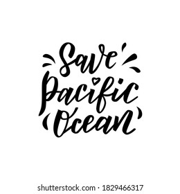 Salven el texto de las letras de las manos del océano Pacífico. Impresión ecológica, concepto de protección del planeta y del medio ambiente. Ilustración vectorial.
