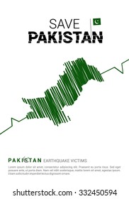 Save Pakistan typography with ECG Lines made Pakistani Map. Pray for Pakistan earthquake poster template. Earthquake Crisis Concept Vector illustration