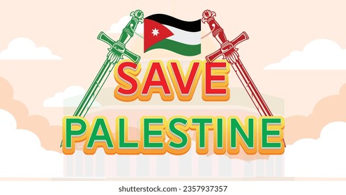 Save Palestine 3D Text Effect with Sword and Flag.