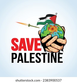 Save Palestine and illustration art of earth with a Palestine flag on both hands is being bombarded with missiles.