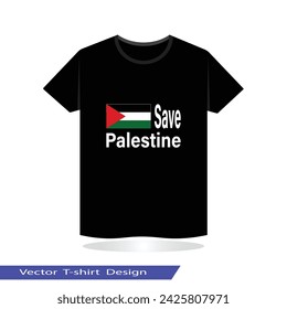 Save Palestine Lettering phrase on black color t-shirt in white background. Vector design element, lettering of motivational phrase, Vector typography t-shirt. White color lettering in black