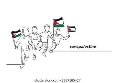 retten palestine.kids run with palestine flag.free palestine.uous line vector.line art isoliert, weißer Hintergrund