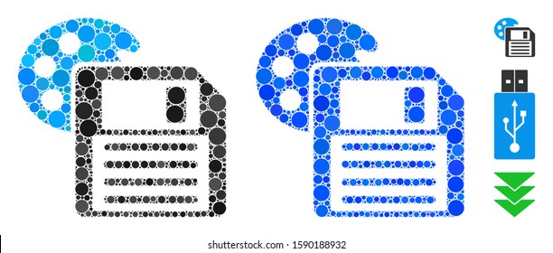 Save palette composition of filled circles in different sizes and color hues, based on save palette icon. Vector filled circles are combined into blue collage.