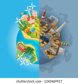 Save the panet concept. Cartoon globe divided into two halves of clean ecology and dirty pulluted. Eco Earth protection vector illustration.