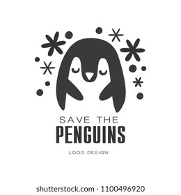 Save the penguins logo design, protection of wild animal black and white sign vector Illustrations on a white background