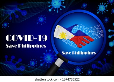 Save Philippines for stop virus sign. Covid-19 virus cells or corona virus and bacteria close up isolated on blue background,
Poster Advertisement Flyers Vector Illustration.