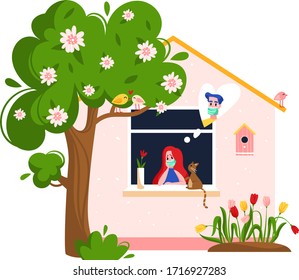 Guarde el lugar de covid-19, ilustración vectorial. Carácter femenino medita bajo el virus de protección, autoaislamiento. Ambiente tranquilo, relajación durante la cuarentena, bandera de aterrizaje de seguridad para mujeres.