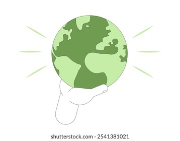 Guardar Planeta 2D concepto de ilustración. Día de la Tierra. Sostenibilidad Protección del medio ambiente y conservación. Mano de la historieta del globo del mundo aislado en blanco. Gráfico de Vector plano abstracto de metáfora