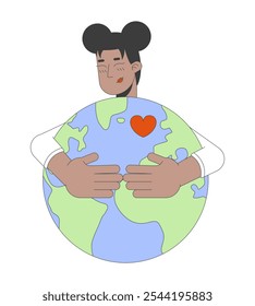 Salve o conceito de ilustração do planeta 2D. Prevenção de crises climáticas. Positivo mulher afro-americana abraçando planer com personagem de desenho animado de coração isolado no branco. Metáfora abstrata vetor gráfico plano