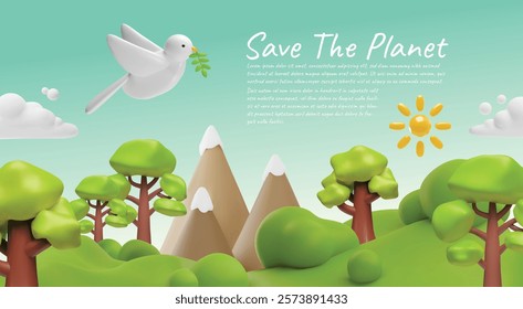 Save the planet 3D cartoon banner vector design. Nature landscape with green trees, mountains and flying white dove bird with a twig. Ecology, nature and environment conservation concept