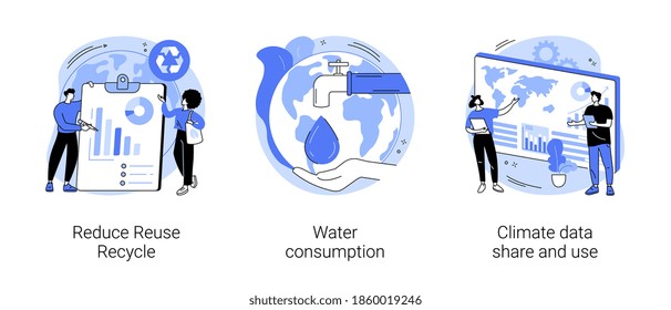 Save The Planet Abstract Concept Vector Illustration Set. Reduce Reuse Recycle, Water Consumption, Climate Data Share And Use, Upcycling Program, Weather Forecast, Overconsumption Abstract Metaphor.