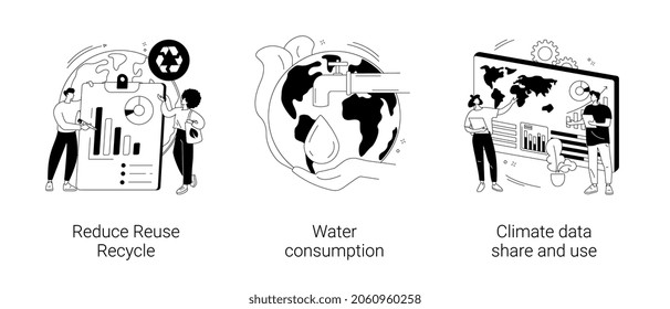 Save the planet abstract concept vector illustration set. Reduce Reuse Recycle, water consumption, climate data share and use, upcycling program, weather forecast, overconsumption abstract metaphor.