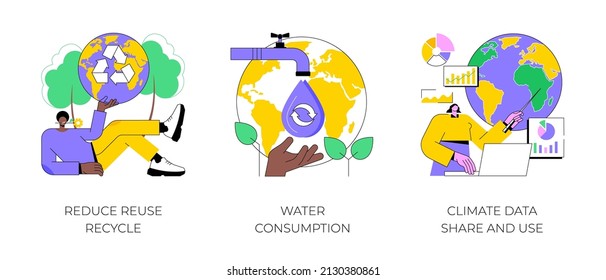 Save the planet abstract concept vector illustration set. Reduce Reuse Recycle, water consumption, climate data share and use, upcycling program, weather forecast, overconsumption abstract metaphor.