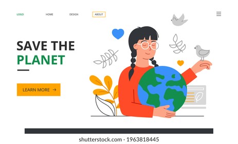 Save the planet abstract concept with young girl with glasses hugging the Earth. Flat cartoon vector illustrartion. Website, web page, landing page template