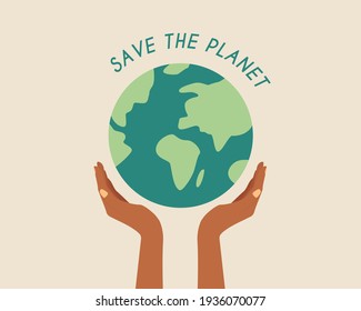 Save the planet. African hands holding globe, earth. Earth day concept. Earth day vector illustration for poster, banner,print,web. Modern cartoon flat style illustration