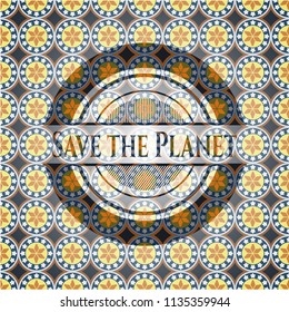 Save the Planet arabic badge background. Arabesque decoration.