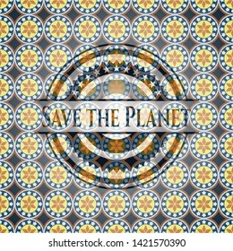 Save the Planet arabic badge background. Arabesque decoration.