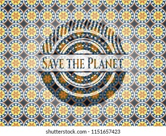 Save the Planet arabic style badge. Arabesque decoration.