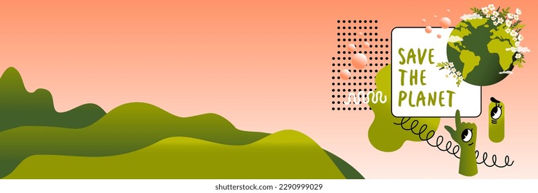 Save the planet banner.  Abstract doodle shapes. Earth with flowers and leaves. Green hills. Concept of ecology and environmental protection. Vector border