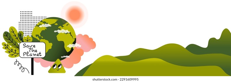 Salven el cartel del planeta.  Formas abstractas del doodle. Tierra con nubes y hojas, sol. Colinas verdes. Concepto de ecología y protección ambiental. Borde del vector