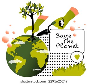 Save the planet banner.  Abstract doodle shapes. Planting new trees. Happy Earth Day. Concept of ecology and environmental protection. Vector illustration