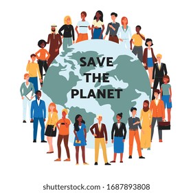 Save the planet banner with globe and multi ethnic people cartoon characters, flat vector illustration isolated on white background. Ecology and environment saving.