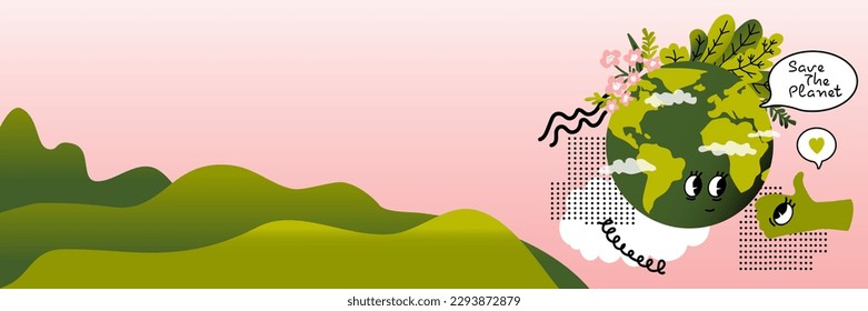 Save the planet banner. Happy Earth Day. Planet Earth with clouds, flowers.  Abstract doodle shapes. Green hills. Concept of ecology and environmental protection. Vector