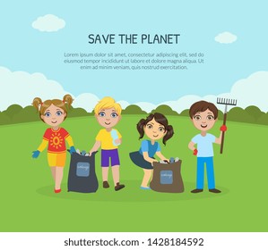 Save the Planet Banner, Landing Page Template, Children Gathering Garbage and Plastic Waste for Recycling, Environmental Protection Vector Illustration