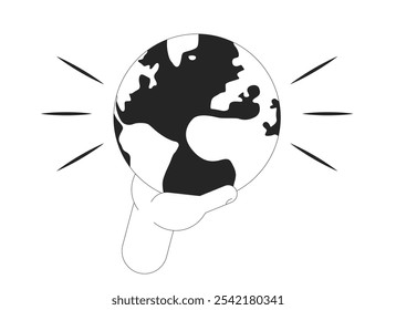 Save planet black and white 2D illustration concept. Earth day. Sustainability environmental protection conservation. Holding world globe outline hand isolated. Metaphor monochrome vector art