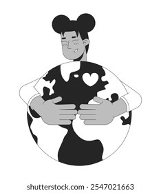 Save planet black and white 2D illustration concept. Climate crisis prevention. Positive african american woman embracing planer with heart outline character isolated. Metaphor monochrome vector art