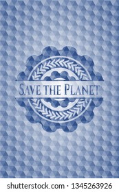 Save the Planet blue emblem with geometric pattern.