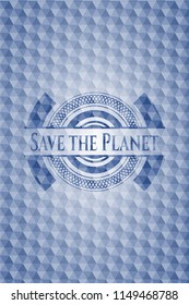 Save the Planet blue hexagon emblem.