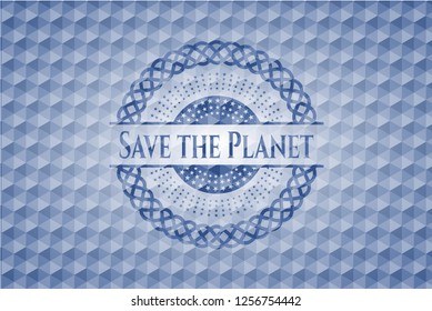 Save the Planet blue hexagon emblem.
