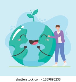 save the planet, boy and earth map happy characters together vector illustration