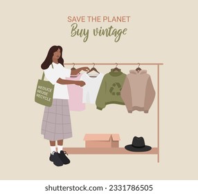 Save the planet buy vintage clothes. Second hand shop. Vintage shop. Slow fashion. Vector