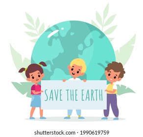 Save planet. Cartoon kids holding placard. Boys and girls take care of Earth nature. Ecological activists. Children with banner on demonstration. Vector ecology and environment protection