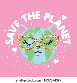 save the planet cat face pink slogan