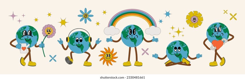 Save the planet characters in trendy retro cartoon style. Set of mascots for Earth Day. World Earth Day. Funny vector illustration of planet earth, earth meditation, heart, watering flowers, rainbow.