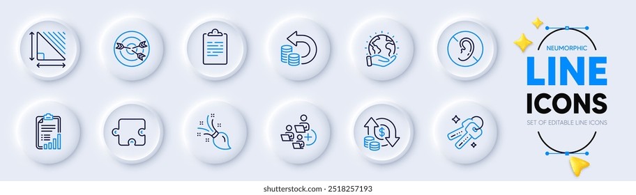 Save planet, Clipboard and Brush line icons for web app. Pack of Puzzle, Triangle area, No hearing pictogram icons. Targeting, Cash back, Checklist signs. Keys, Change money, Add team. Vector