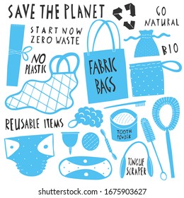 Save the planet. Collection of Zero Waste reusable items. Eco fabric grocery bags, natural toothbrush and brushes, menstrual cup, reusable hygiene items. Hand drawn cartoon vector illustrations.
