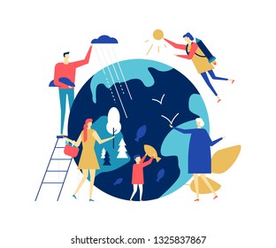 Save the planet - colorful flat design style illustration on white background. A composition with male, female characters taking care of the Earth, placing trees, fish on the globe. Ecology concept